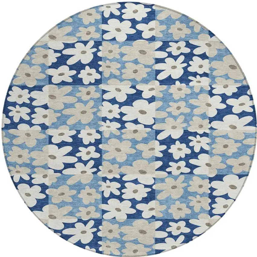 8' Blue And Navy Blue Round Floral Washable Indoor Outdoor Area Rug Photo 3