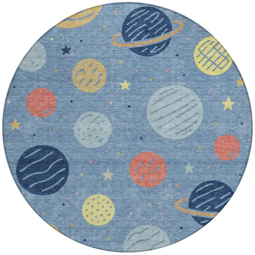 8' Blue And Navy Blue Round Floral Washable Indoor Outdoor Area Rug Photo 3