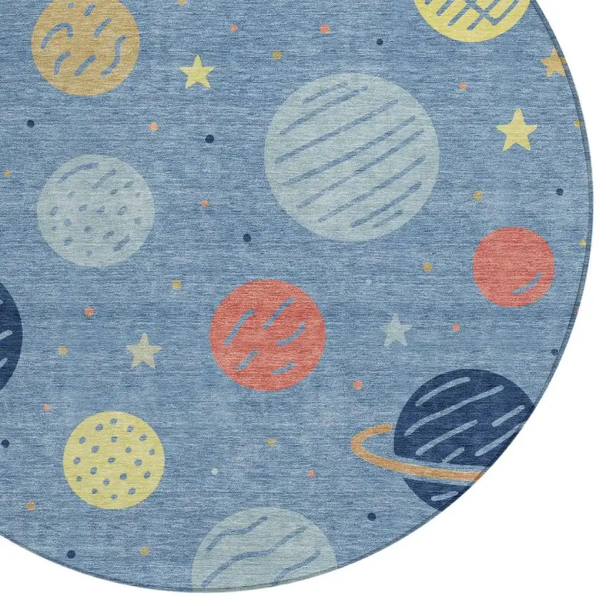 8' Blue And Navy Blue Round Floral Washable Indoor Outdoor Area Rug Photo 2