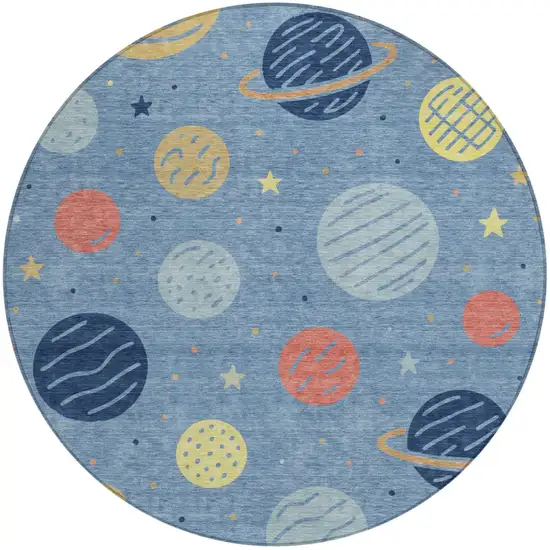 8' Blue And Navy Blue Round Floral Washable Indoor Outdoor Area Rug Photo 1