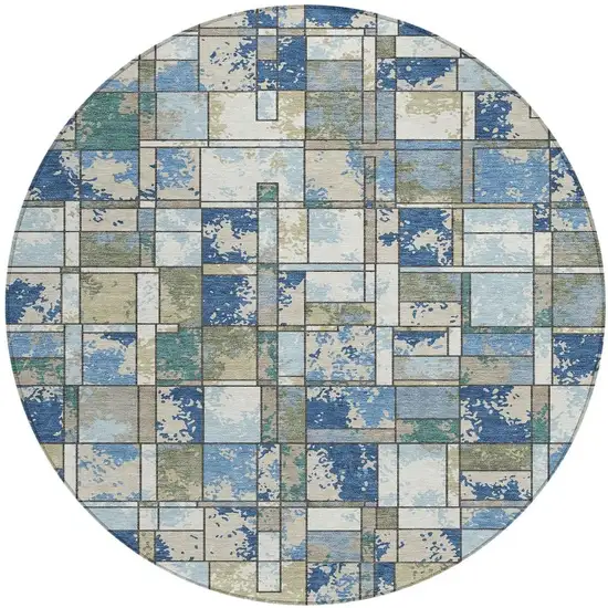 8' Blue And Navy Blue Round Geometric Washable Indoor Outdoor Area Rug Photo 3