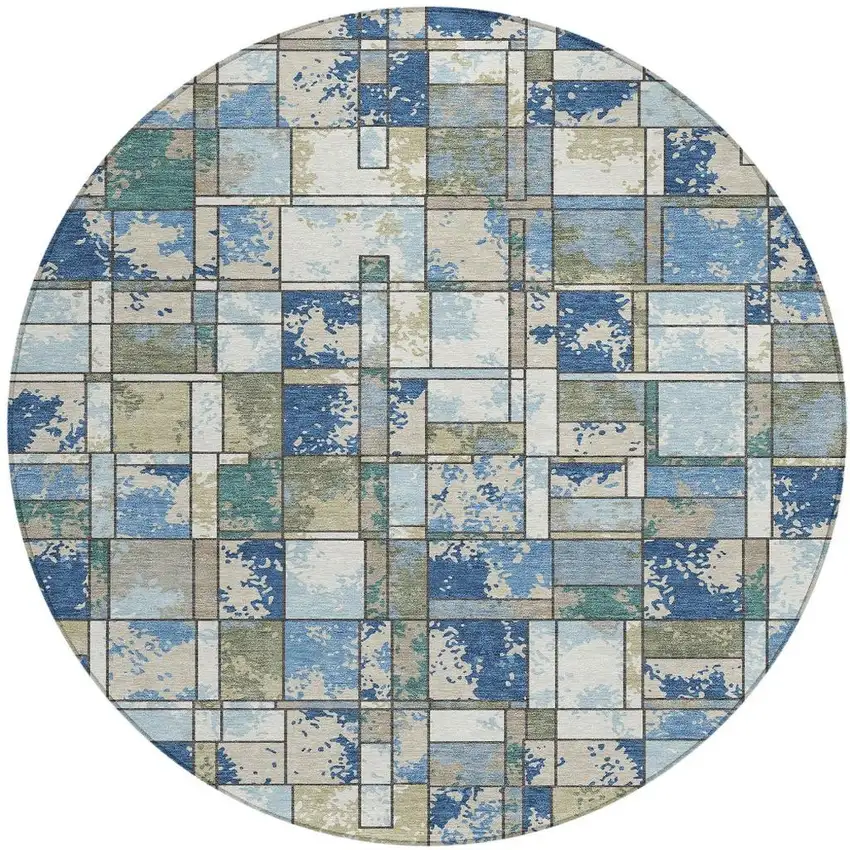 8' Blue And Navy Blue Round Geometric Washable Indoor Outdoor Area Rug Photo 3