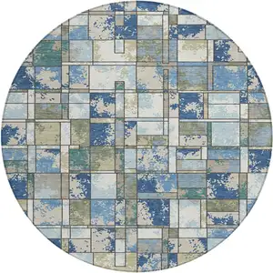Photo of 8' Blue And Navy Blue Round Geometric Washable Indoor Outdoor Area Rug