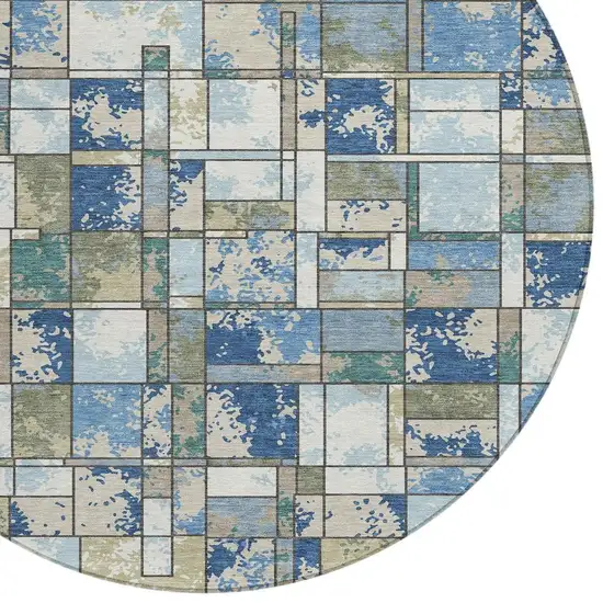 8' Blue And Navy Blue Round Geometric Washable Indoor Outdoor Area Rug Photo 2