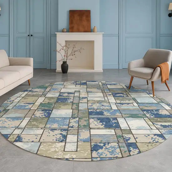 8' Blue And Navy Blue Round Geometric Washable Indoor Outdoor Area Rug Photo 5