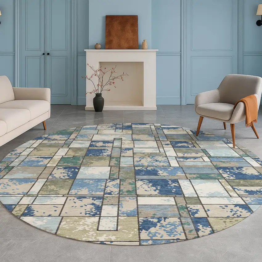 8' Blue And Navy Blue Round Geometric Washable Indoor Outdoor Area Rug Photo 5