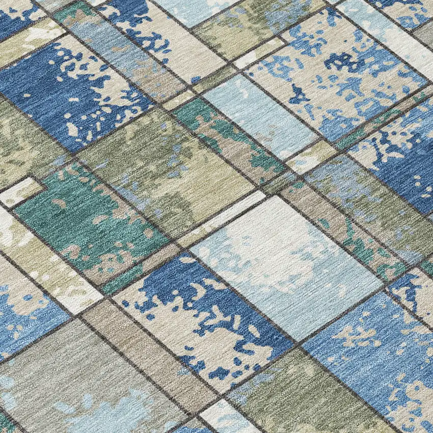 8' Blue And Navy Blue Round Geometric Washable Indoor Outdoor Area Rug Photo 7