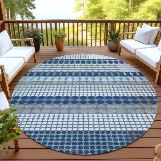 8' Blue And Navy Blue Round Geometric Washable Indoor Outdoor Area Rug Photo 4