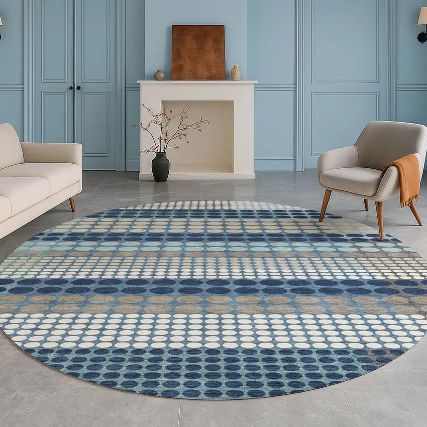 8' Blue And Navy Blue Round Geometric Washable Indoor Outdoor Area Rug Photo 5