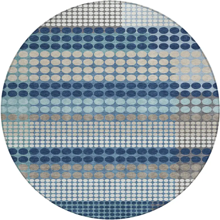8' Blue And Navy Blue Round Geometric Washable Indoor Outdoor Area Rug Photo 1