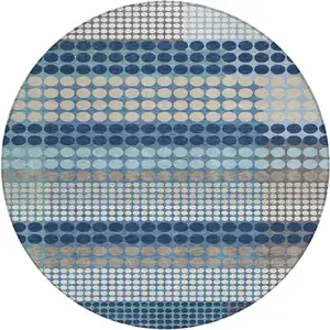Photo of 8' Blue And Navy Blue Round Geometric Washable Indoor Outdoor Area Rug