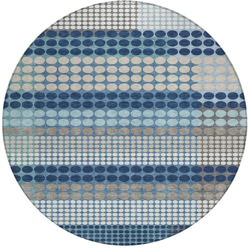 8' Blue And Navy Blue Round Geometric Washable Indoor Outdoor Area Rug Photo 3