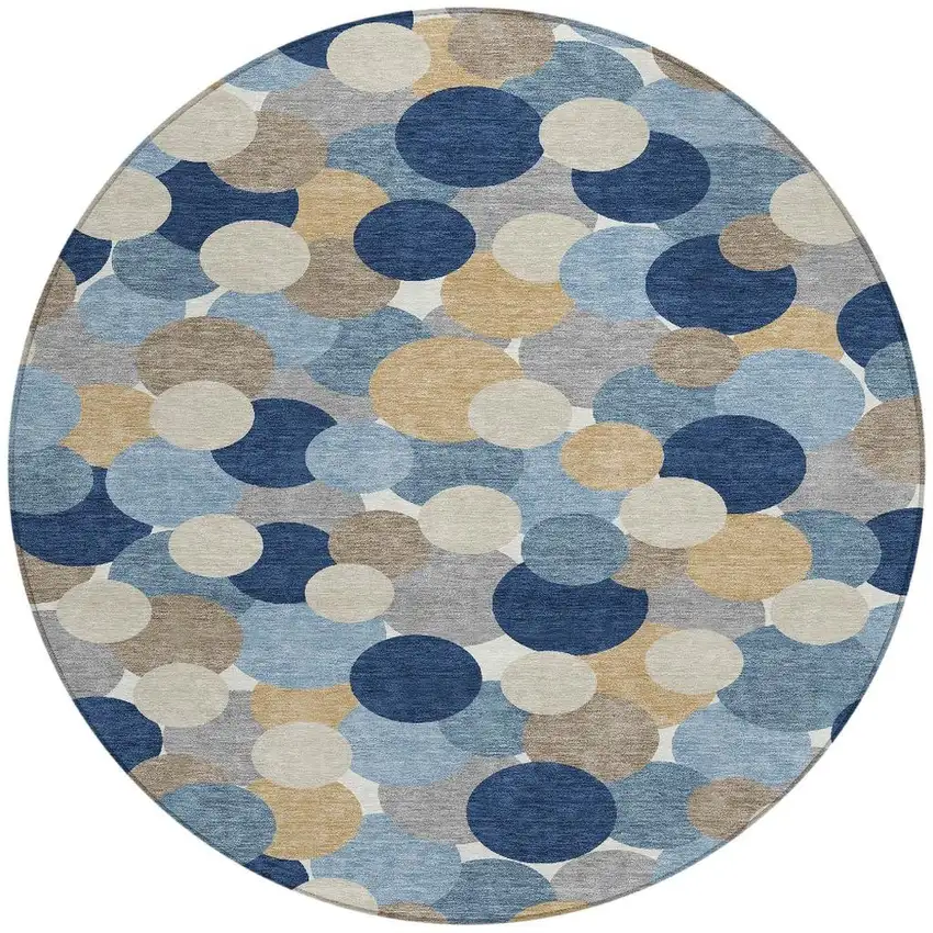 8' Blue And Navy Blue Round Geometric Washable Indoor Outdoor Area Rug Photo 3