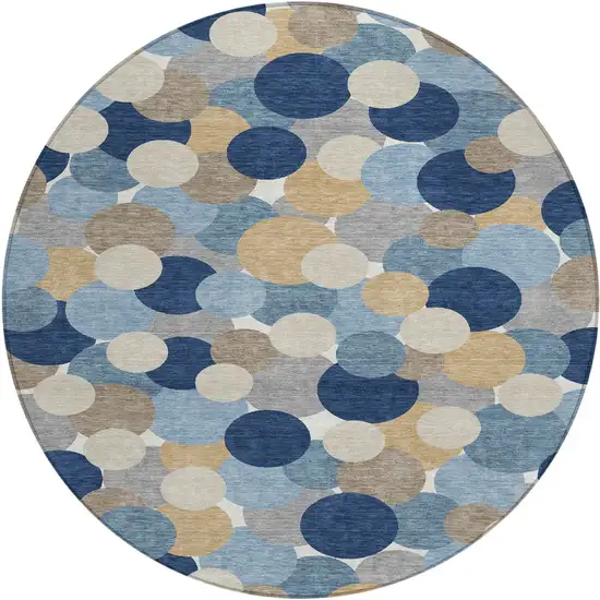 8' Blue And Navy Blue Round Geometric Washable Indoor Outdoor Area Rug Photo 1