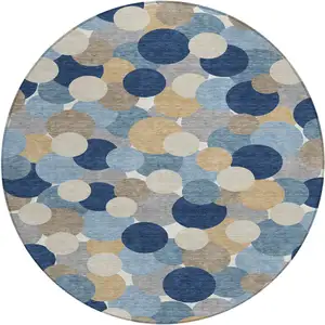 Photo of 8' Blue And Navy Blue Round Geometric Washable Indoor Outdoor Area Rug