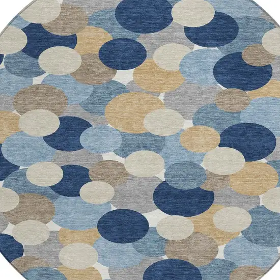 8' Blue And Navy Blue Round Geometric Washable Indoor Outdoor Area Rug Photo 2