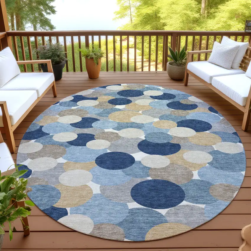 8' Blue And Navy Blue Round Geometric Washable Indoor Outdoor Area Rug Photo 4