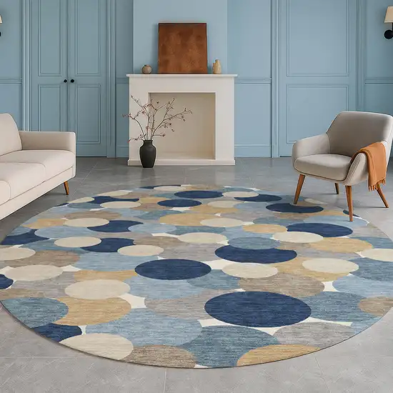 8' Blue And Navy Blue Round Geometric Washable Indoor Outdoor Area Rug Photo 5