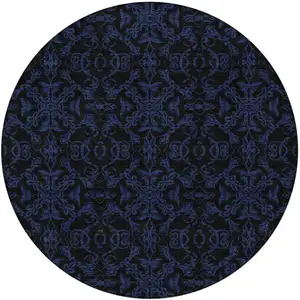 Photo of 8' Blue And Navy Blue Round Medallion Washable Indoor Outdoor Area Rug