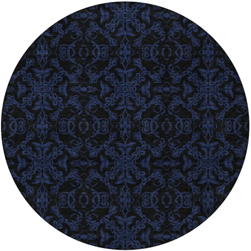 8' Blue And Navy Blue Round Medallion Washable Indoor Outdoor Area Rug Photo 5