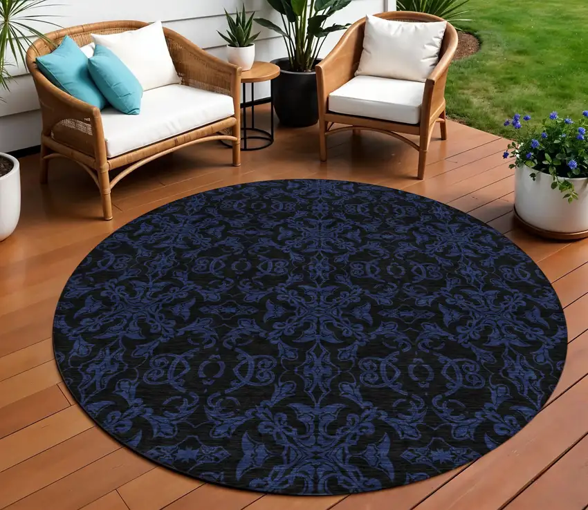 8' Blue And Navy Blue Round Medallion Washable Indoor Outdoor Area Rug Photo 1