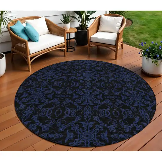 8' Blue And Navy Blue Round Medallion Washable Indoor Outdoor Area Rug Photo 1