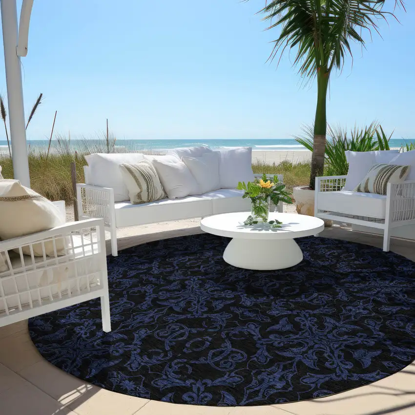 8' Blue And Navy Blue Round Medallion Washable Indoor Outdoor Area Rug Photo 6