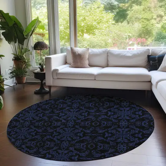 8' Blue And Navy Blue Round Medallion Washable Indoor Outdoor Area Rug Photo 7