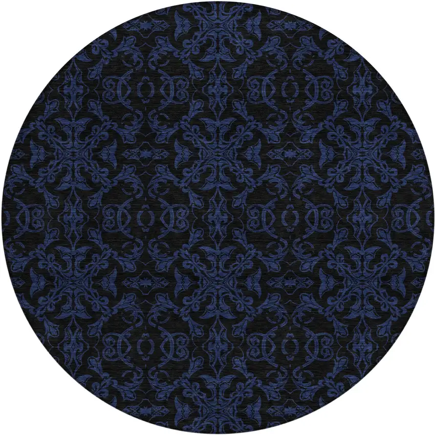 8' Blue And Navy Blue Round Medallion Washable Indoor Outdoor Area Rug Photo 2
