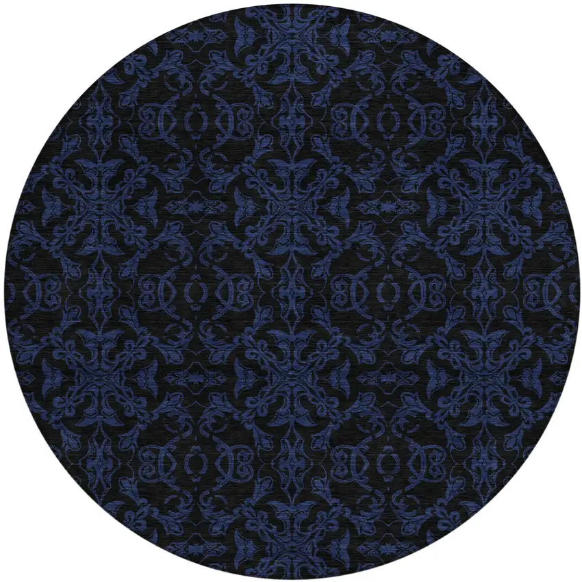 8' Blue And Navy Blue Round Medallion Washable Indoor Outdoor Area Rug Photo 2