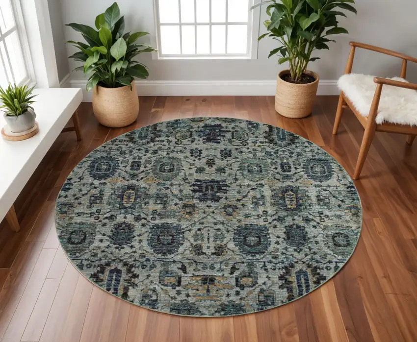 8' Blue Green Round Oriental Power Loom Area Rug Photo 1