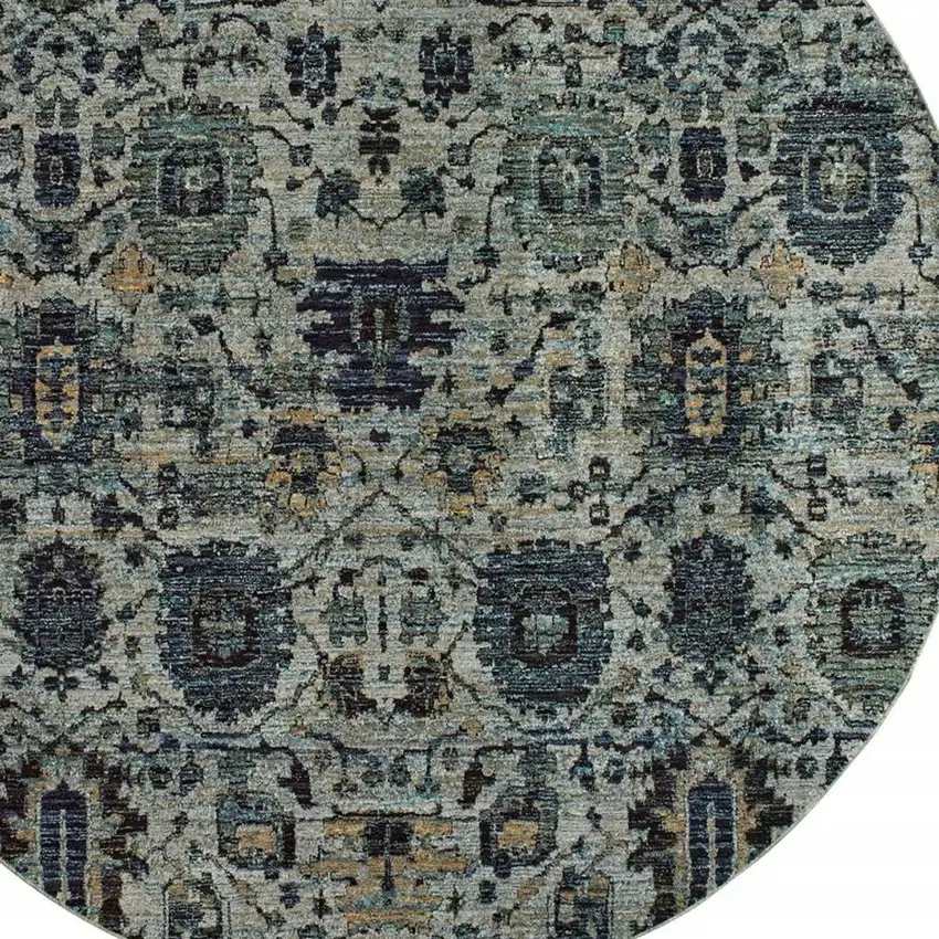 8' Blue Green Round Oriental Power Loom Area Rug Photo 5