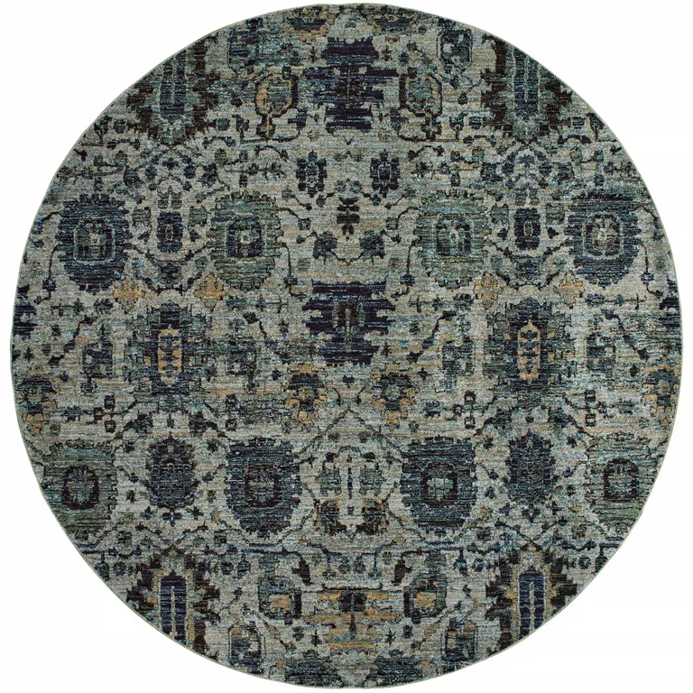 8' Blue And Navy Round Oriental Power Loom Stain Resistant Area Rug Photo 1