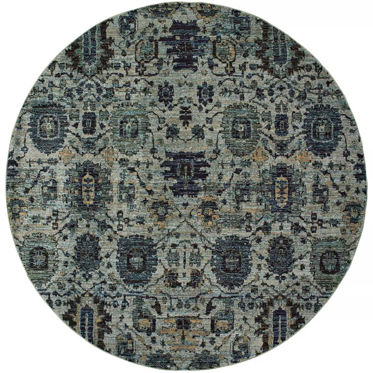 8' Blue And Navy Round Oriental Power Loom Stain Resistant Area Rug Photo 3