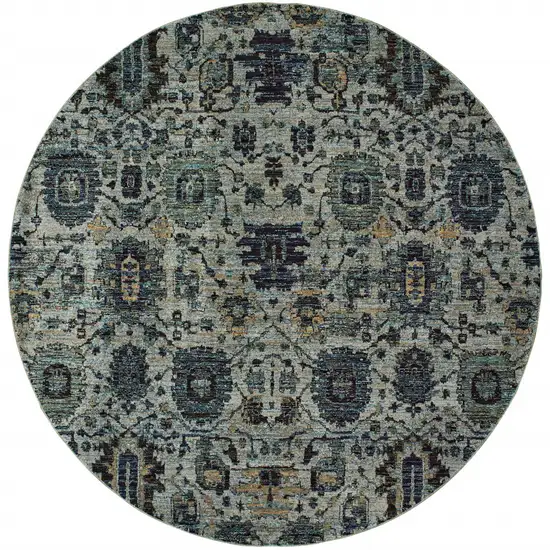 8' Blue And Navy Round Oriental Power Loom Stain Resistant Area Rug Photo 3