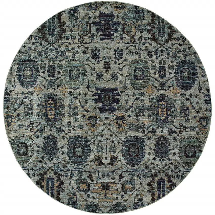 8' Blue And Navy Round Oriental Power Loom Stain Resistant Area Rug Photo 3