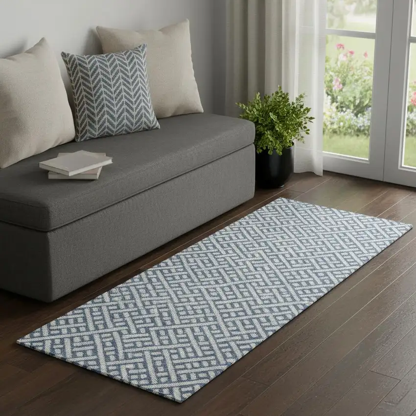 6' Blue And Off White Trellis Washable Runner Rug With UV Protection Photo 1