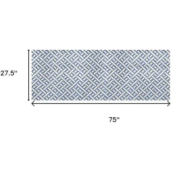 6' Blue And Off White Trellis Washable Runner Rug With UV Protection Photo 4