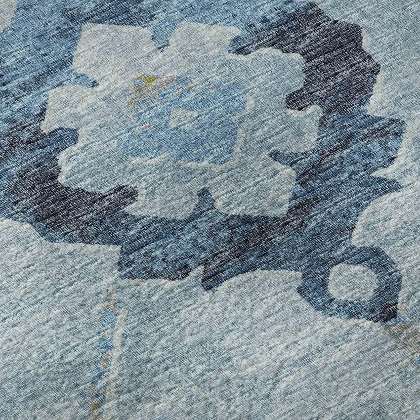 8' Blue And Olive Green Floral Medallion Washable Round Rug With UV Protection Photo 9