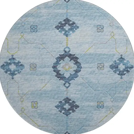 8' Blue And Olive Green Floral Medallion Washable Round Rug With UV Protection Photo 4