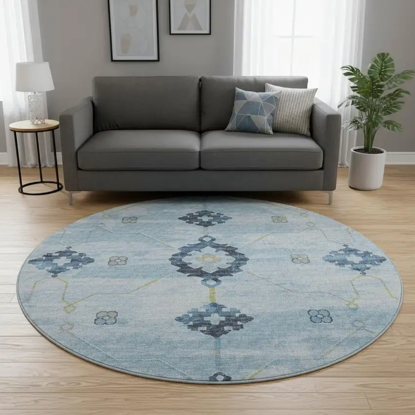 8' Blue And Olive Green Floral Medallion Washable Round Rug With UV Protection Photo 1