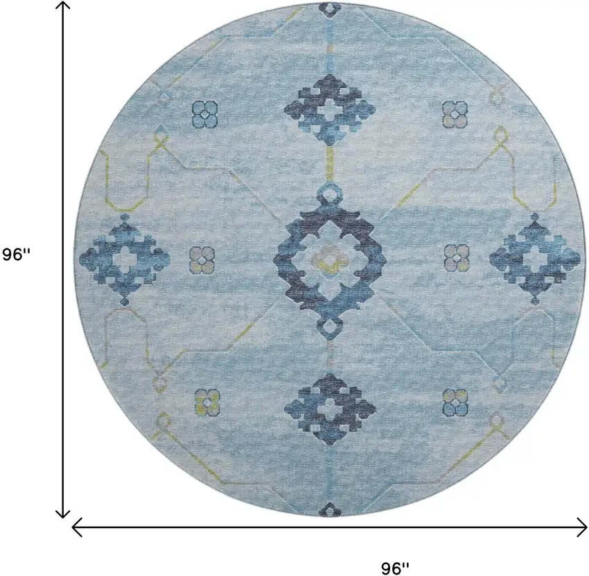 8' Blue And Olive Green Floral Medallion Washable Round Rug With UV Protection Photo 3