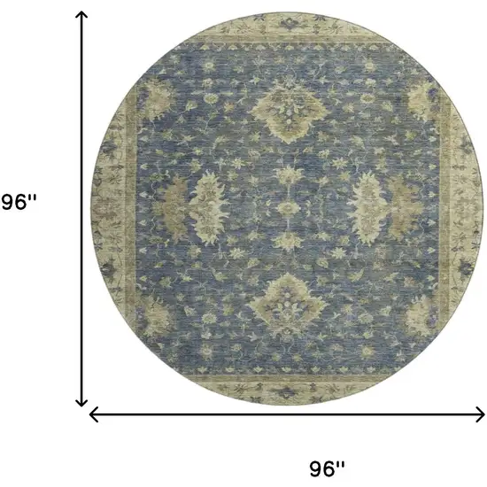 8' Blue And Olive Green Oriental Washable Round Rug With UV Protection Photo 9