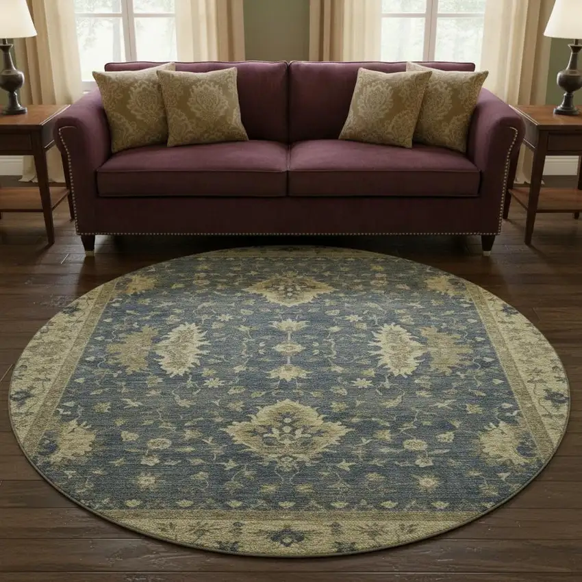 8' Blue And Olive Green Oriental Washable Round Rug With UV Protection Photo 2