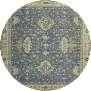 Photo of 8' Blue And Olive Green Oriental Washable Round Rug With UV Protection