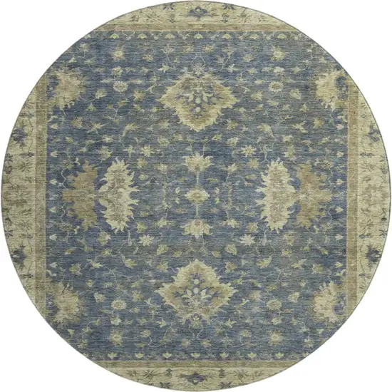 8' Blue And Olive Green Oriental Washable Round Rug With UV Protection Photo 1