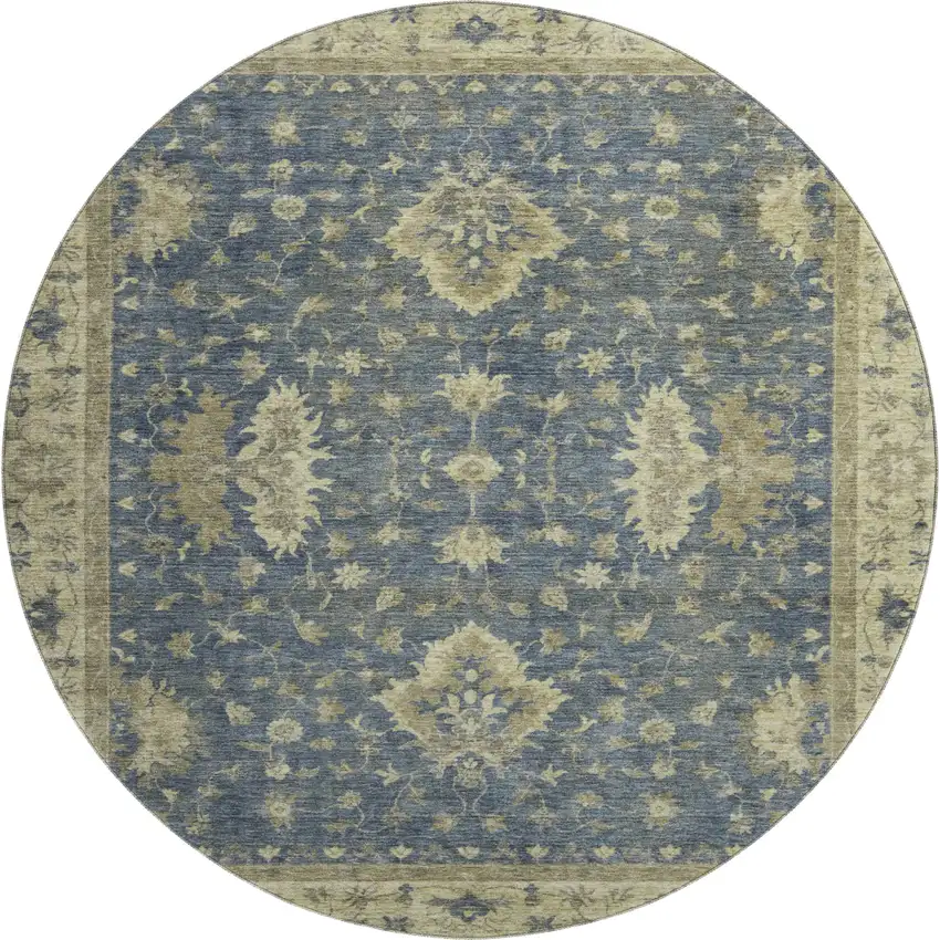 8' Blue And Olive Green Oriental Washable Round Rug With UV Protection Photo 1