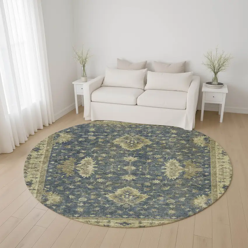 8' Blue And Olive Green Oriental Washable Round Rug With UV Protection Photo 4
