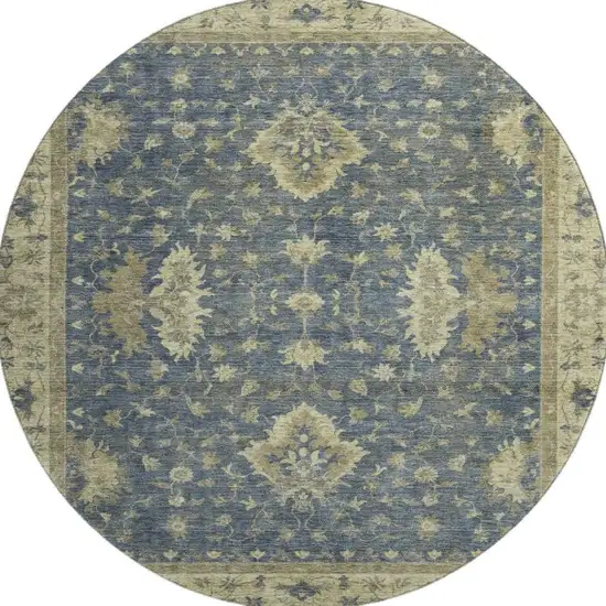 8' Blue And Olive Green Oriental Washable Round Rug With UV Protection Photo 3