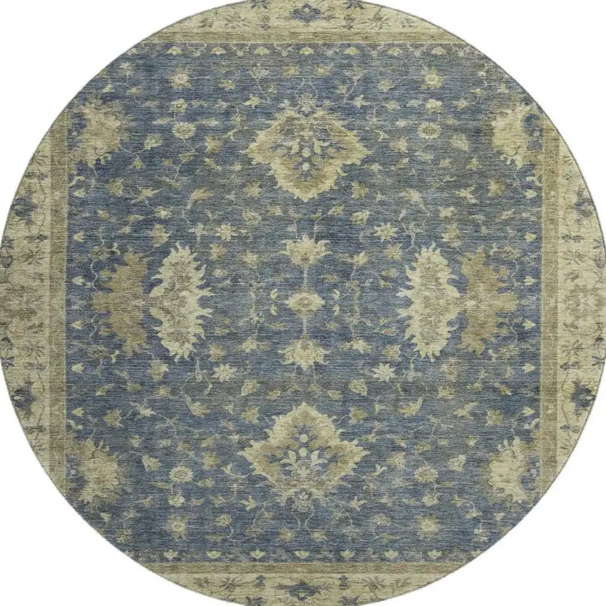8' Blue And Olive Green Oriental Washable Round Rug With UV Protection Photo 3